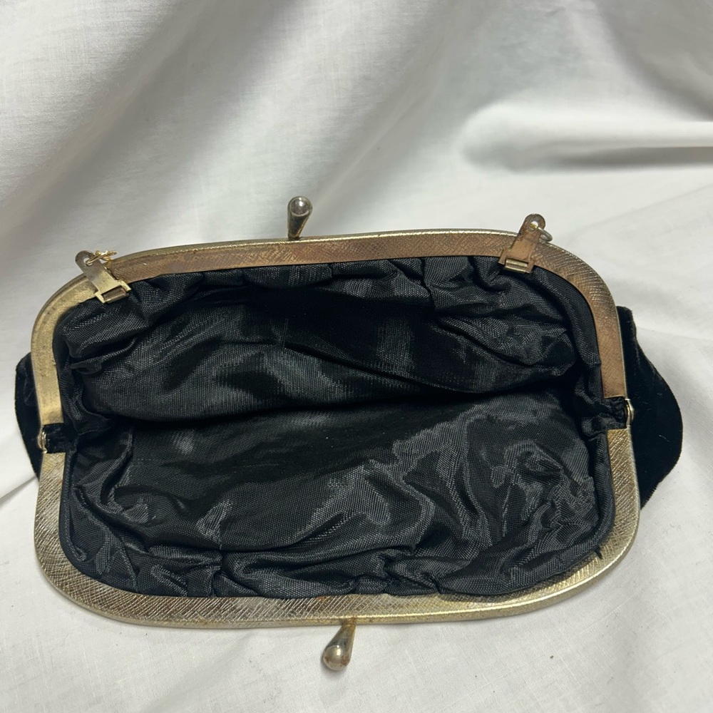 Vintage Black Velvet Purse Gold Color Strap 1960s Evening Bag - Picture 6 of 10